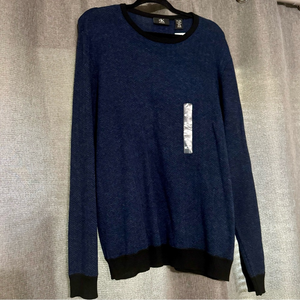 Calvin Klein Mens XL Knit Pullover Merino Wool Italian Yarn Blue Black Trim NWT